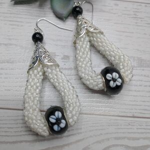 Handmade Black and White Lamp Work Bead Spiral Bead Crochet Dangle Earrings